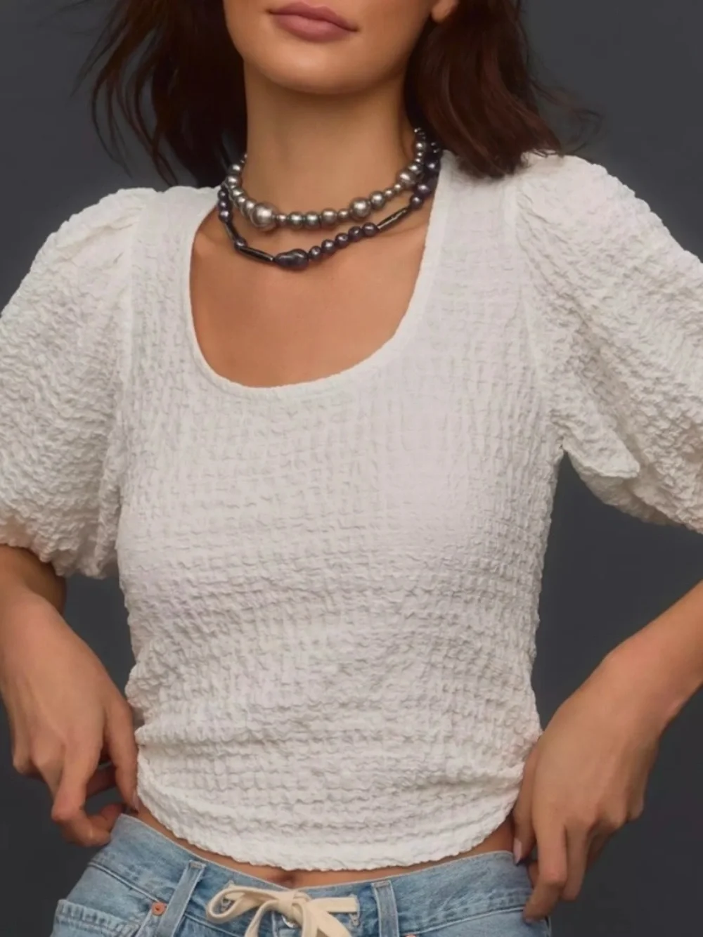 Anthropologie Maeve White Textured Puff-Sleeve Top XS